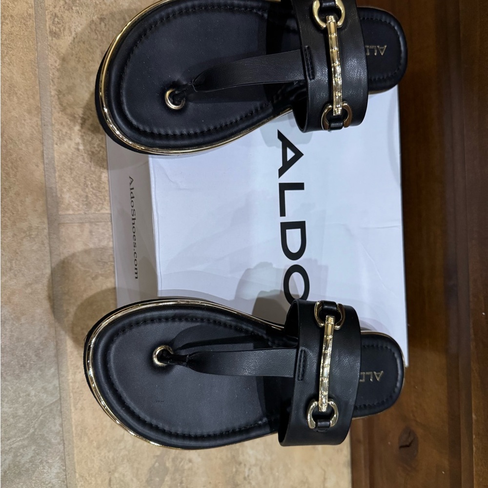 Aldo Black Sandal with Gold Accent Hardware